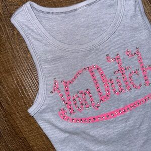 Vintage Von Dutch rhinestone gray top with pink lettering